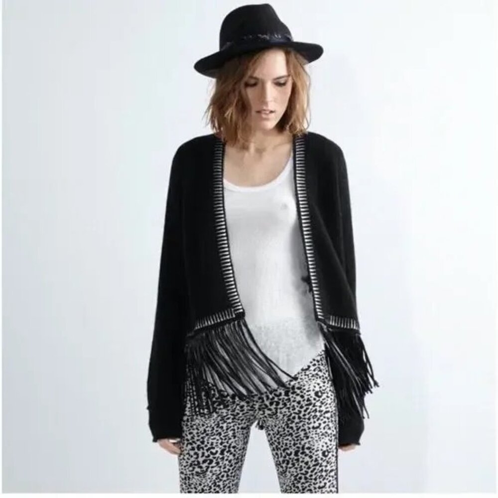 ZADIG & VOLTAIRE Marla Black Cashmere Embroidered Fringe Cardigan Sweater Small